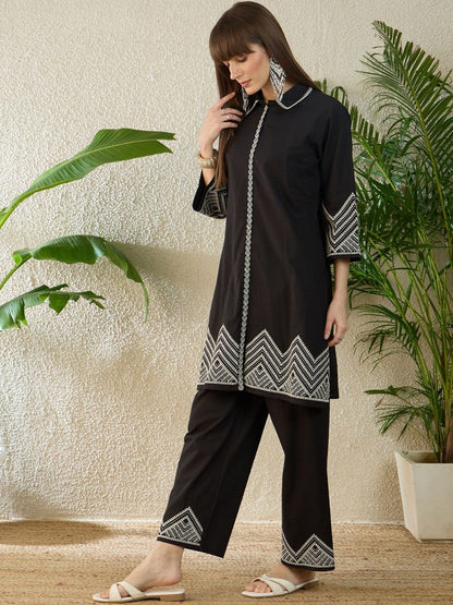 Embroidered Thread Work Pure Cotton A Line Kurta With Trousers