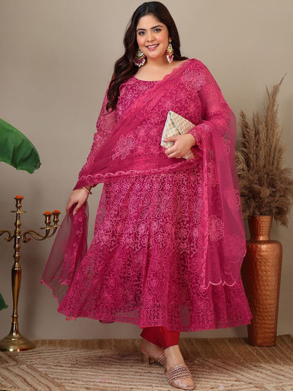 Dhiyona IN Women Plus Size Floral Embroidered A-Line Kurta with Trousers & Dupatta