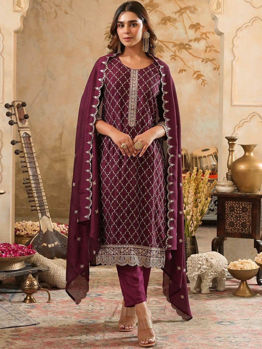Women Ethnic Motifs Embroidered Regular Sequinned Kurta with Trousers & Dupatta
