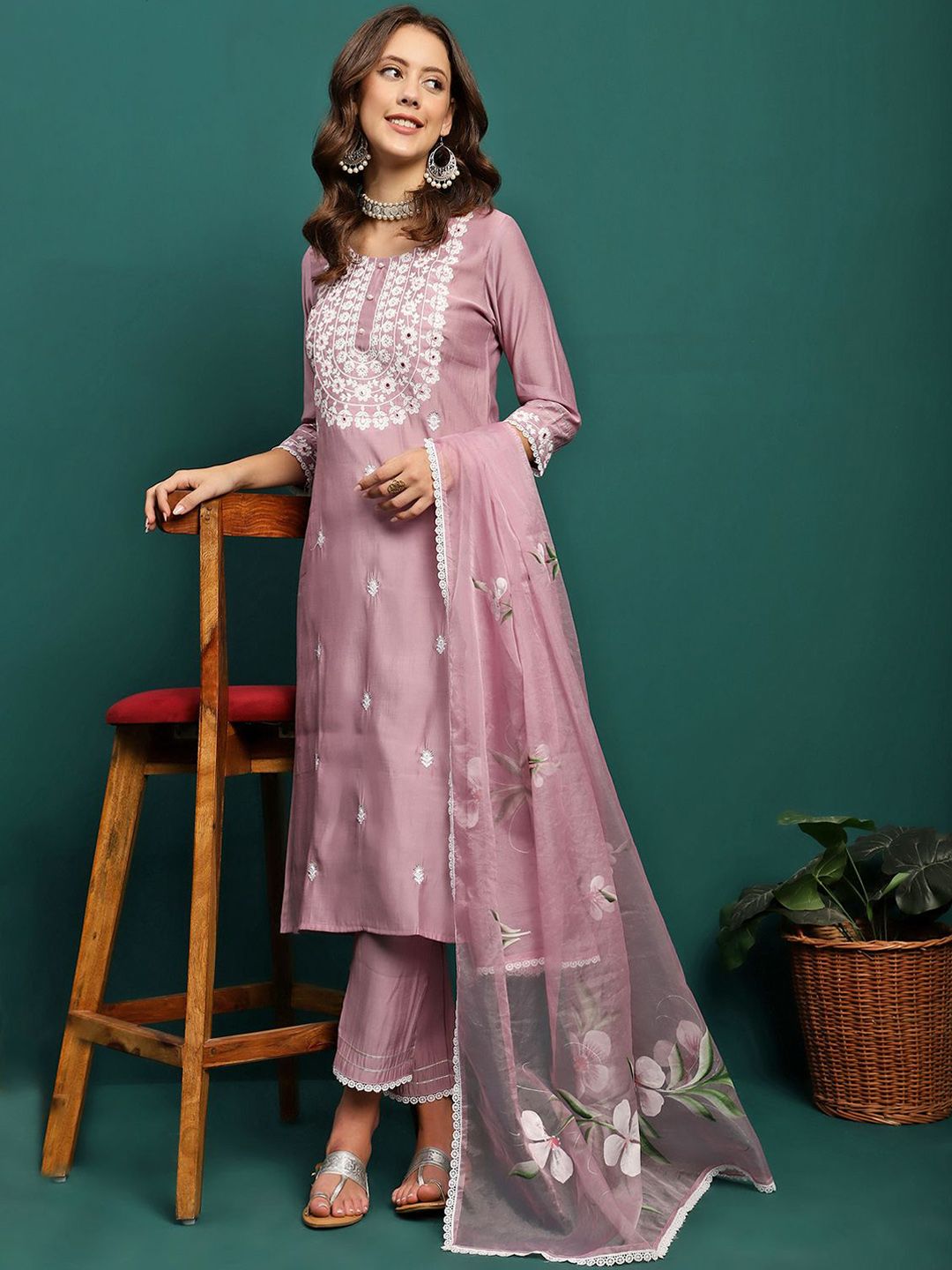 Dhiyona SN Women's Mauve Floral Embroidered Round Neck Mirror Work Kurta With Trouser & Dupatta