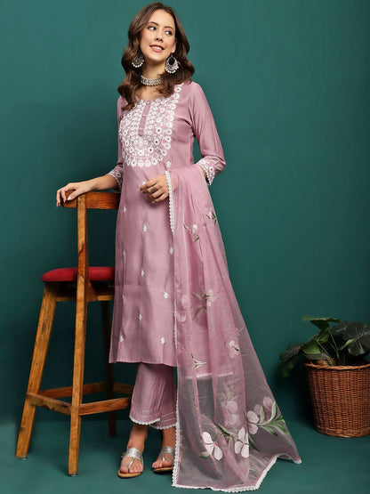 Dhiyona SN Women's Mauve Floral Embroidered Round Neck Mirror Work Kurta With Trouser & Dupatta
