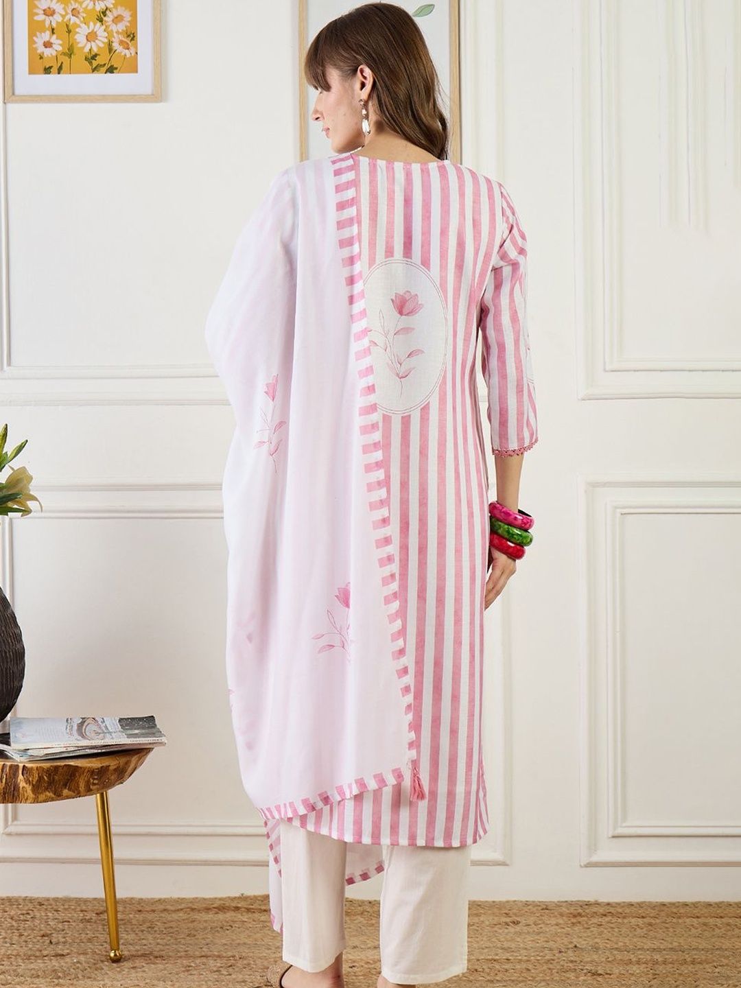Women Striped Regular Straight Kurta With Trousers & Dupatta