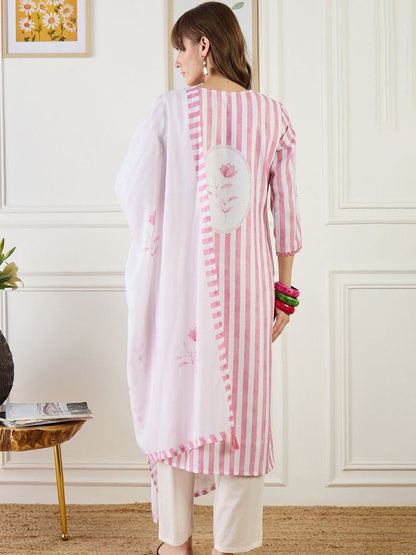 Women Striped Regular Straight Kurta With Trousers & Dupatta