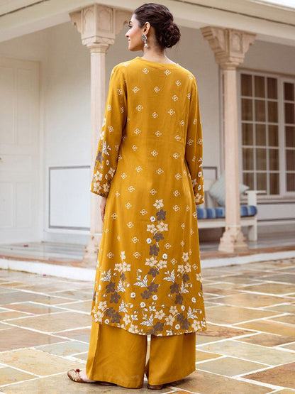 Dhiyona IS Women's Floral Printed Beads & Stones Straight Kurta With Palazzos