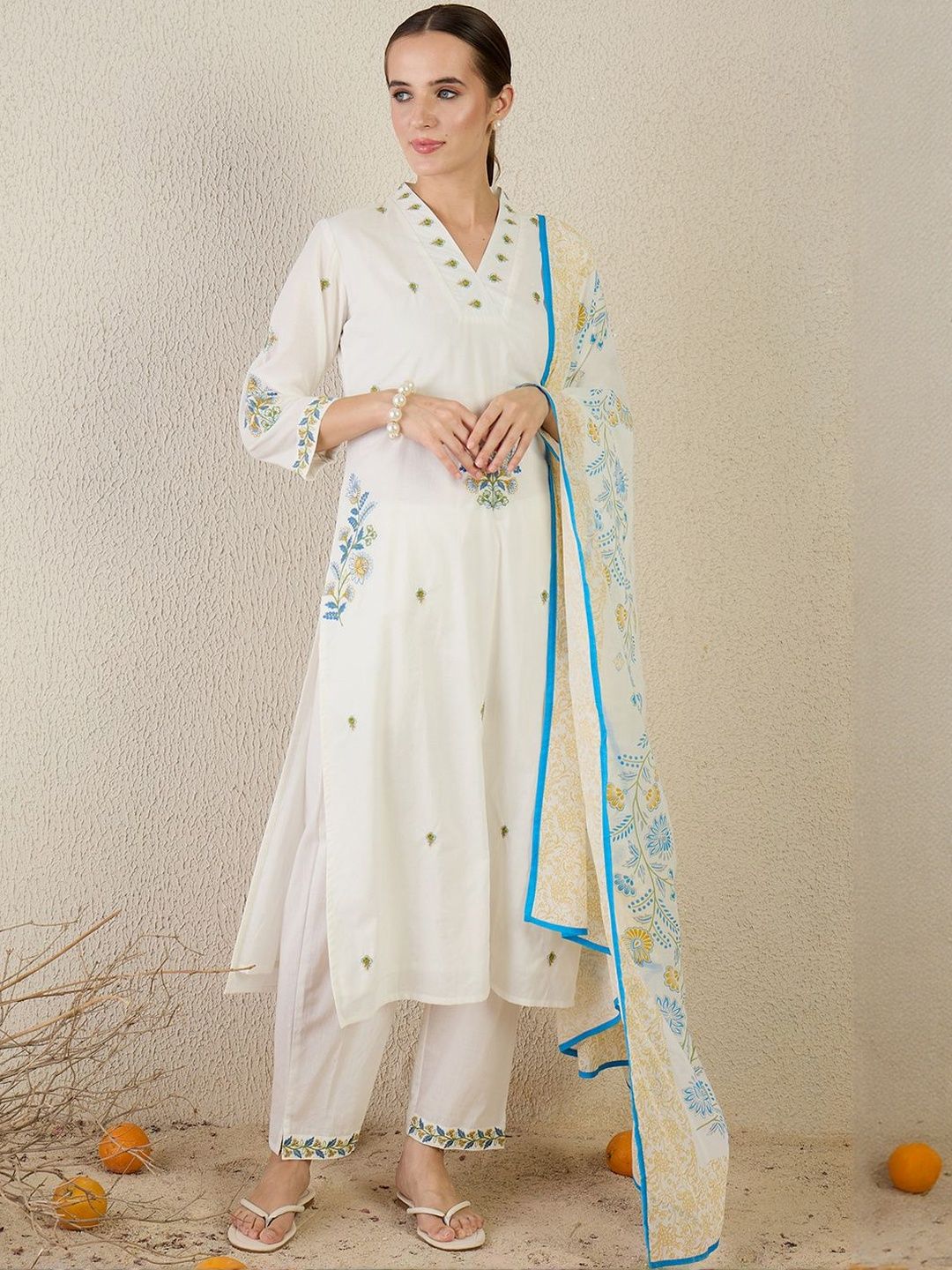 Floral Embroidered Thread Work Pure Cotton Kurta With Trouser & Dupatta