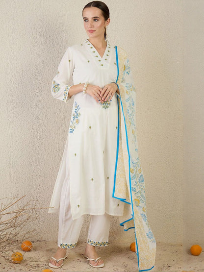 Floral Embroidered Thread Work Pure Cotton Kurta With Trouser & Dupatta