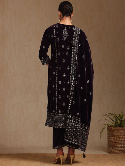 Dhiyona SO Women's Ethnic Motifs Printed Round Neck Straight Velvet Kurta With Trousers & Dupatta