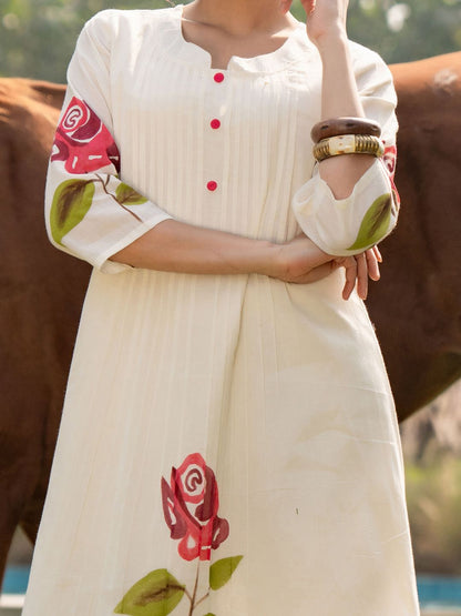 Dhiyona IE Floral Printed Mandarin Collar Pure Cotton A-Line Kurta With Trouser