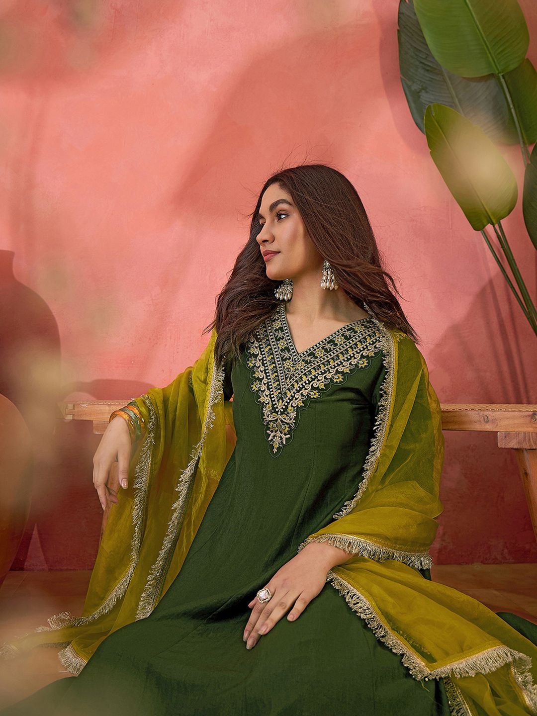 Dhiyona SN Women's Yoke Design V-Neck A-Line kurta & Trousers With Dupatta