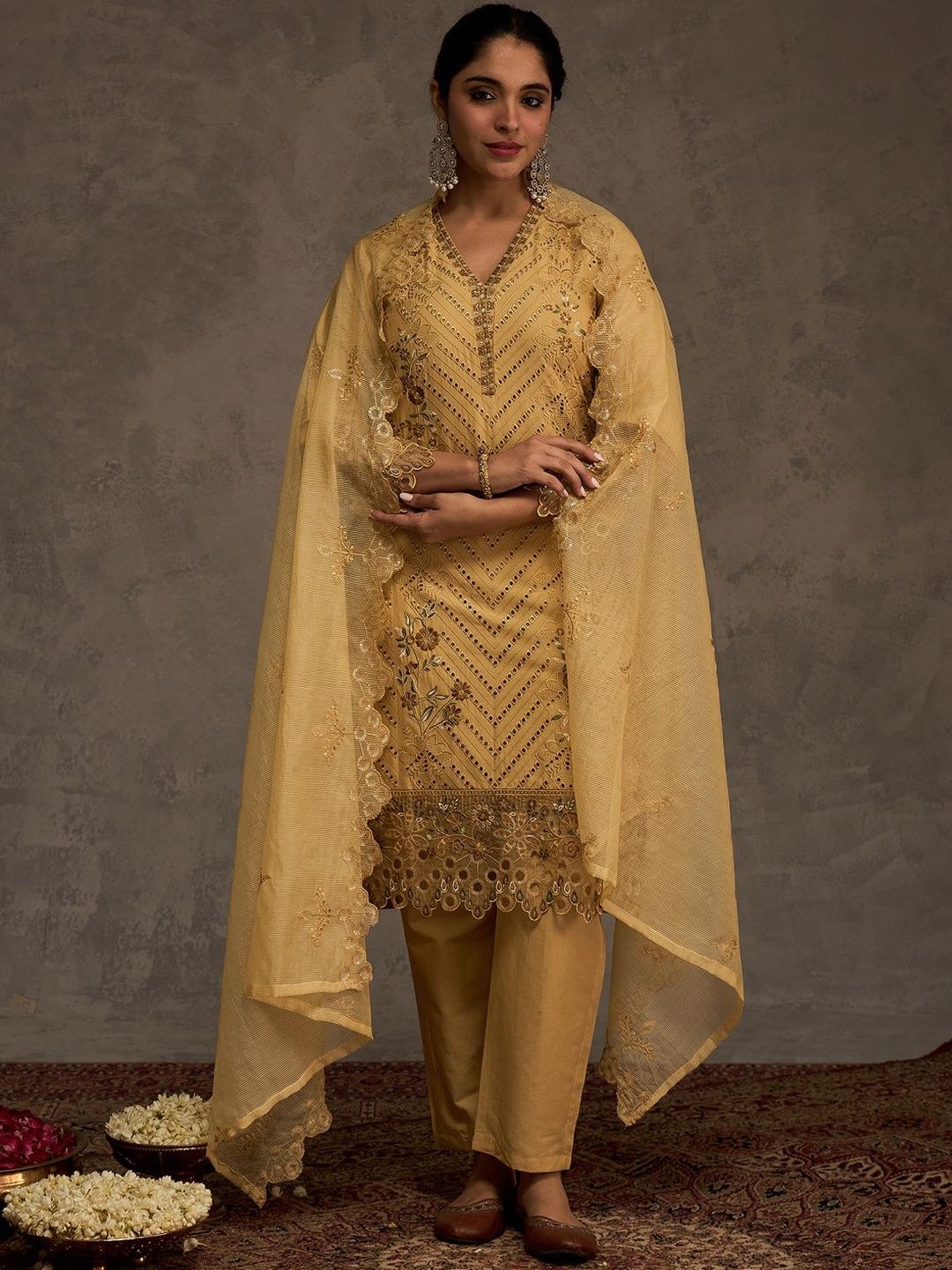 Women Ethnic Motifs Embroidered Cotton Kurta with Trousers & Dupatta