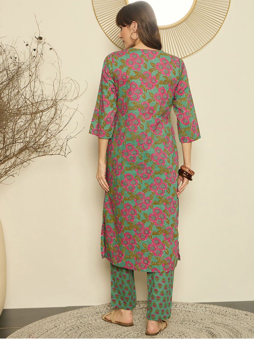 Dhiyona IE Women Printed V-Neck Cotton Top and Trousers Co-Ords