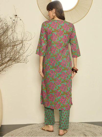 Dhiyona IE Women Printed V-Neck Cotton Top and Trousers Co-Ords