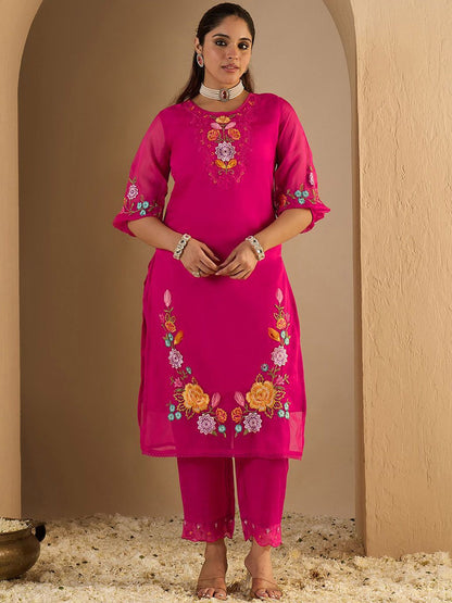 Dhiyona IE Women's Women Floral Embroidered Thread Work Kurta With Trousers & Dupatta Kurta Sets