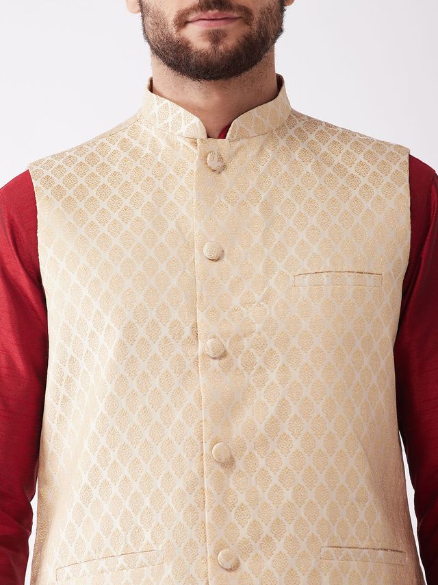 Men's Maroon Silk Blend Straight Jacket  Kurta and Dhoti Set