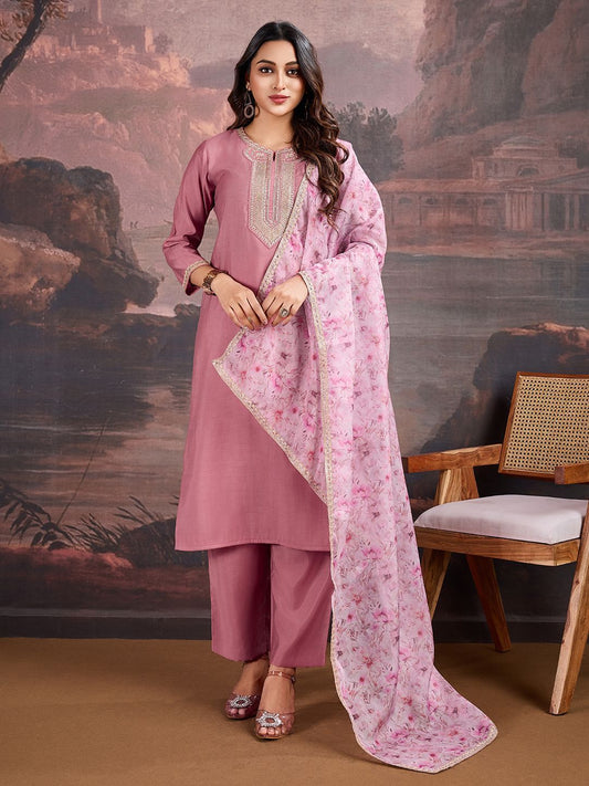 Dhiyona PD Women Floral Embroidered Sequinned Straight Kurta With Trouser & Dupatta