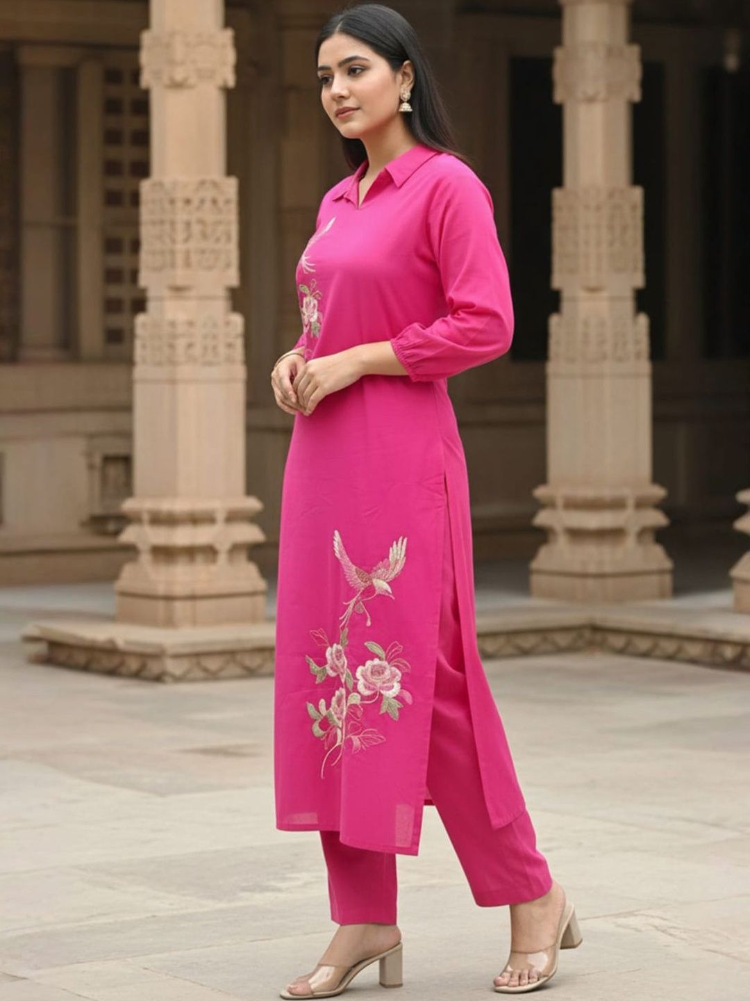 Women Floral Embroidered Regular Thread Work Pure Cotton Kurta with Trousers