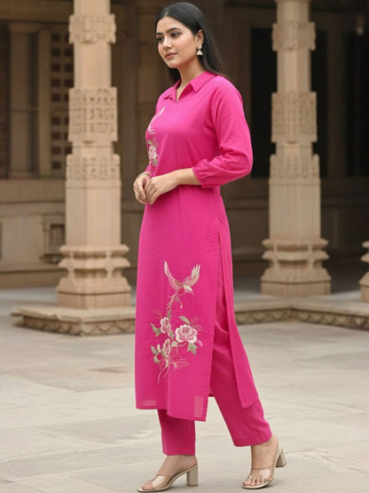 Women Floral Embroidered Regular Thread Work Pure Cotton Kurta with Trousers