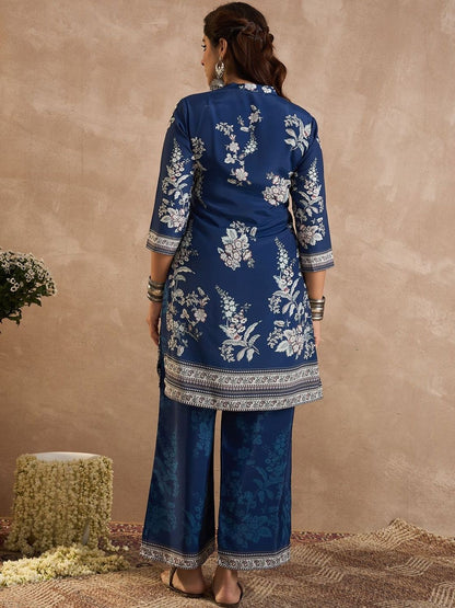 Floral Printed Mandarin Collar Mirror Work Straight Kurta With Palazzos