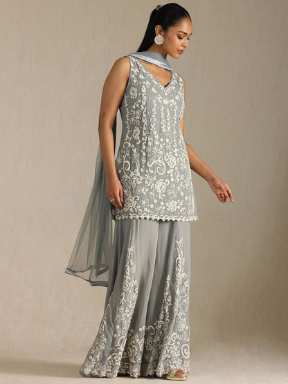 Dhiyona SO Women's Women Floral Printed Regular Beads and Stones Silk Georgette Kurta with Sharara & With Dupatta