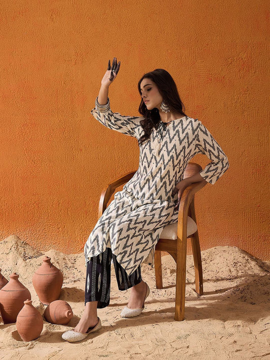 Dhiyona IE White Geometric Printed Tie Up Neck Liva Kurta with Trousers