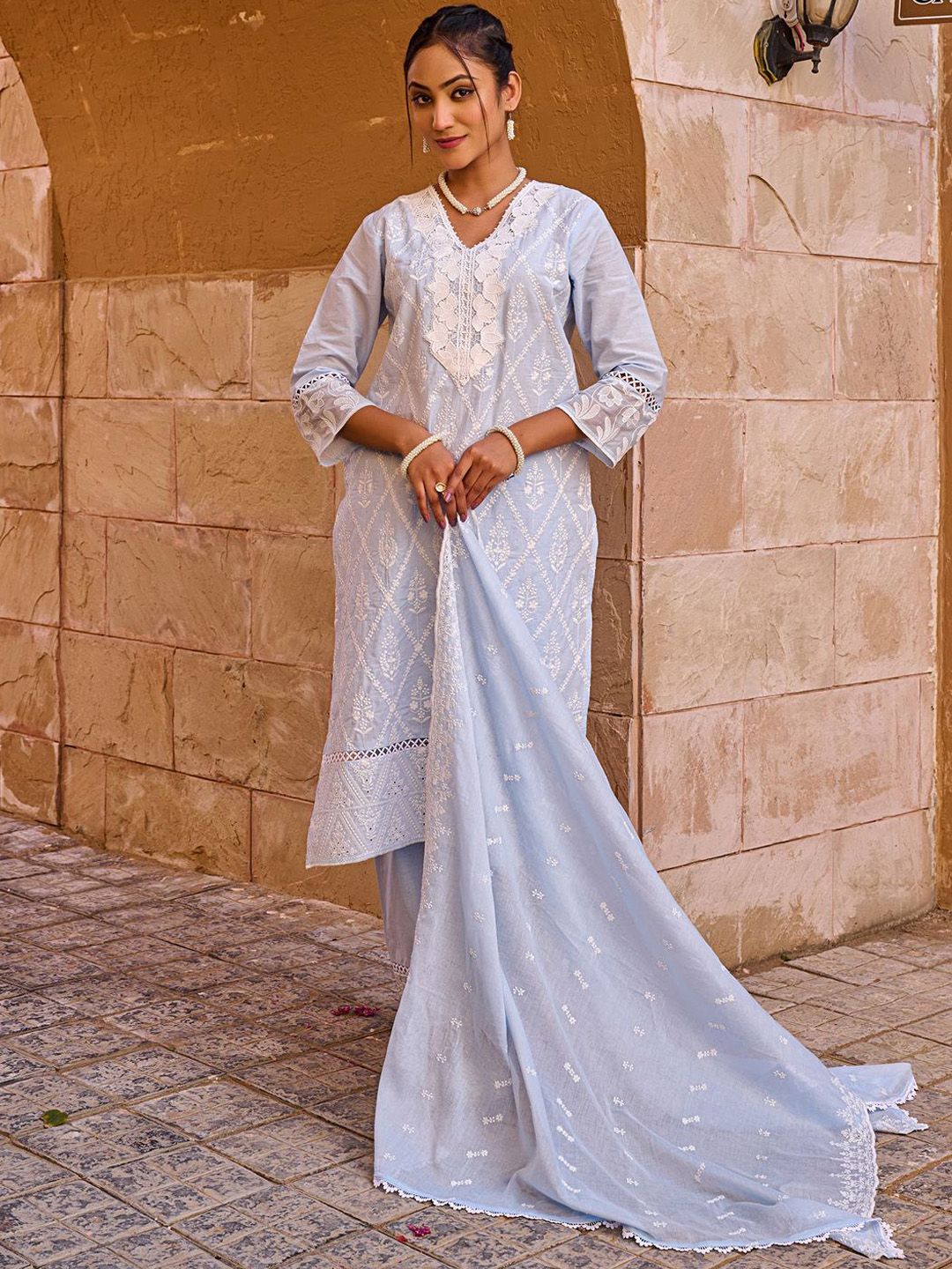 Women Ethnic Motifs Embroidered Cotton Kurta with Trousers & Dupatta