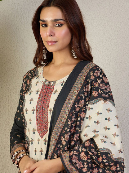 Ethnic Motifs Printed Round Neck Pure Cotton Kurta With Trousers & Dupatta