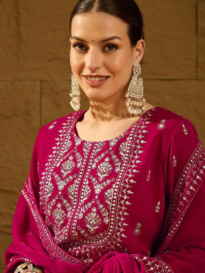 Dhiyona PD Women Embroidered Velvet Straight Kurta With Trousers And Dupatta