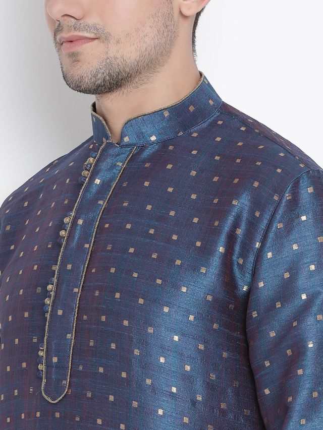 Men's Blue Silk Blend Straight Kurta and Dhoti Set