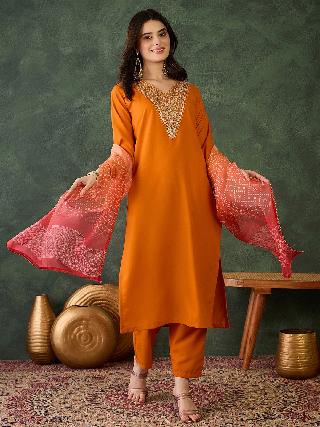 Dhiyona KL Ethnic Motifs Embroidered Round Neck Sequinned Kurta With Trousers & Dupatta