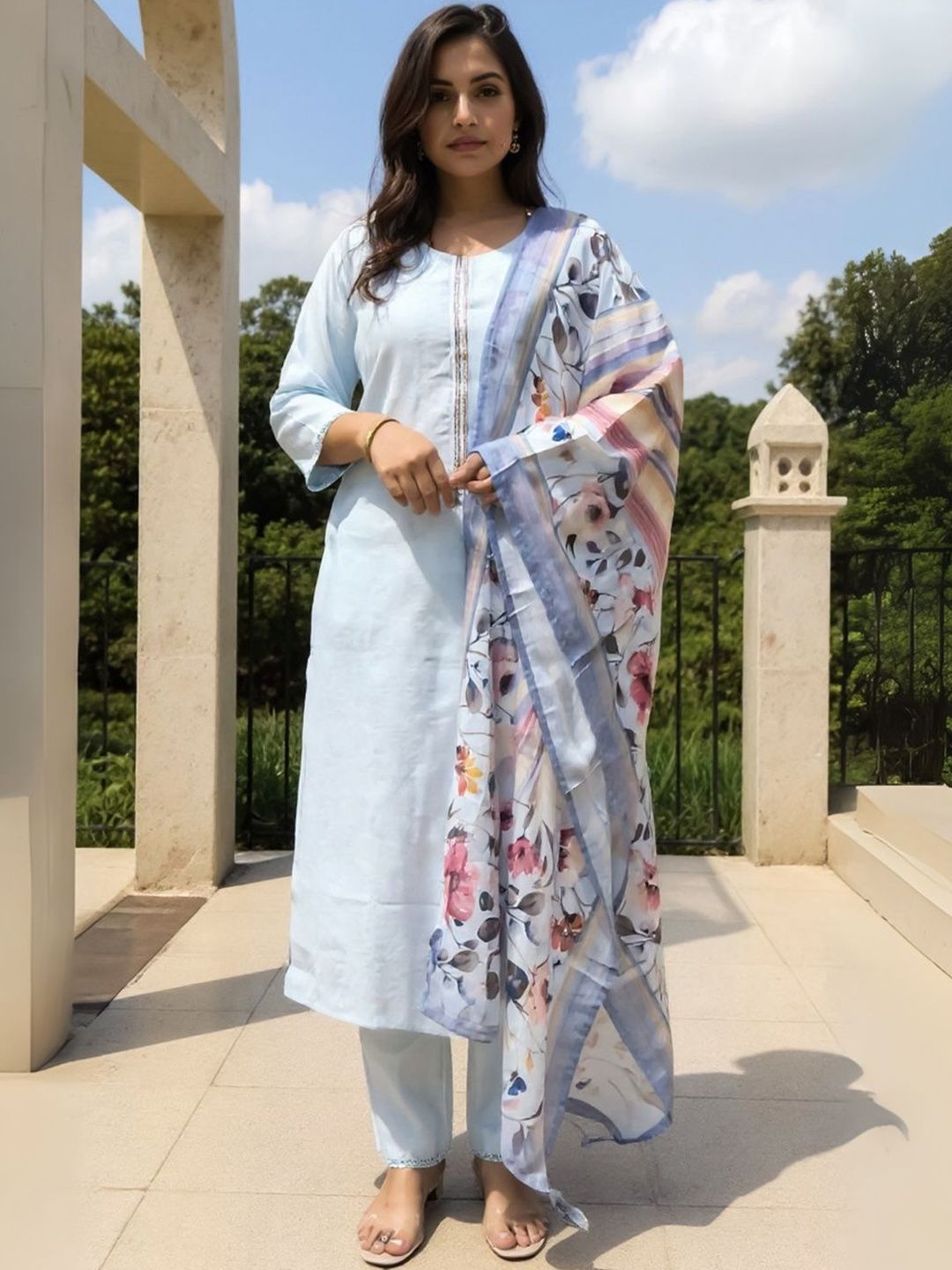 Dhiyona IE Women Round Neck Kurta with Trousers & Dupatta