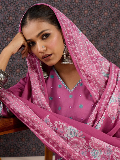 Women Floral Embroidered Panelled Thread Work Pure Cotton Kurta with Trousers & With Dupatta