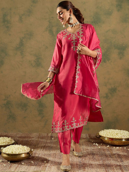 Dhiyona IE Floral Embroidered Kurta With Trousers & Dupatta