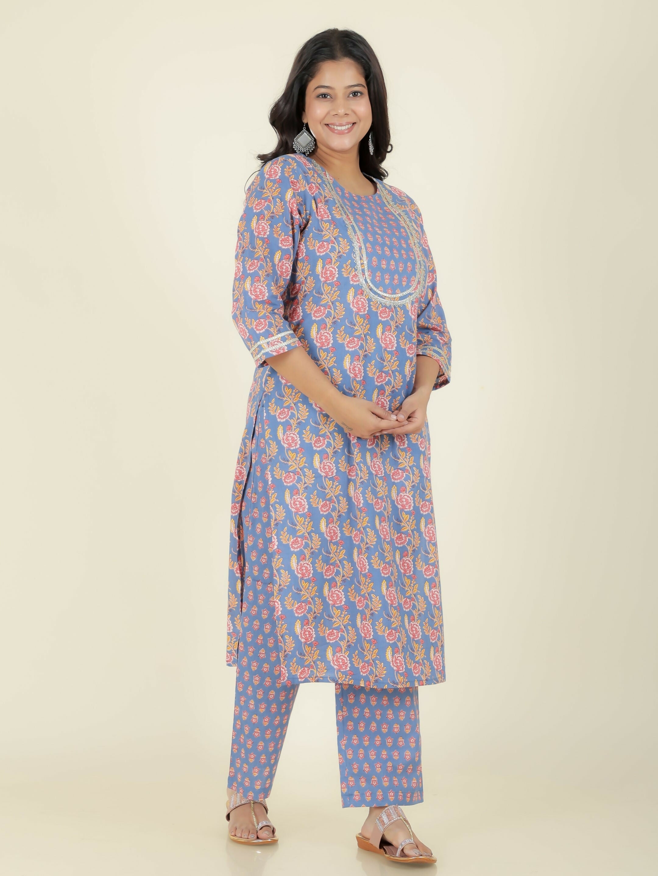 Women's Straight Soft Cotton Floral Print Women's Kurta - Blue