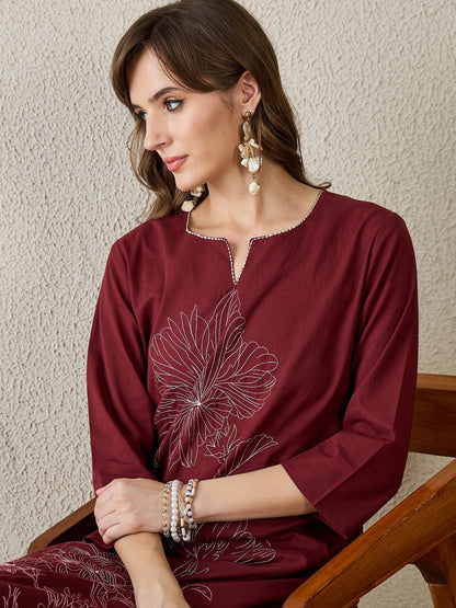 Women Floral Embroidered Thread Work Pure Cotton Kurta with Trousers