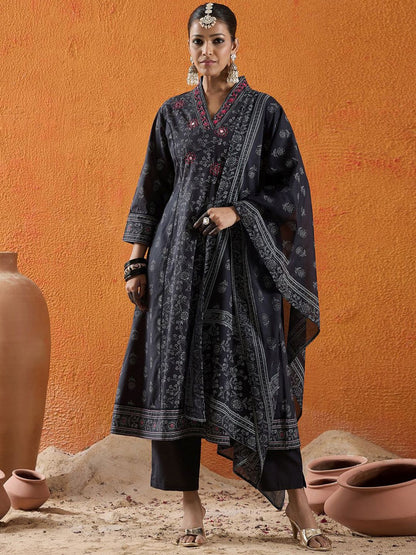 Dhiyona IE Floral Printed Mirror Work Pure Cotton A-Line Kurta With Trousers & Dupatta