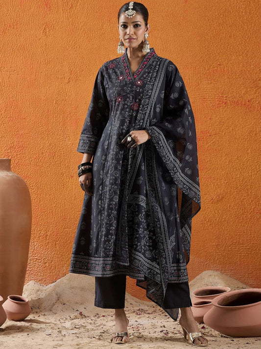 Dhiyona IE Floral Printed Mirror Work Pure Cotton A-Line Kurta With Trousers & Dupatta