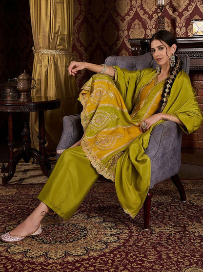 Dhiyona CH Women Ethnic Motifs Embroidered Tiered Thread Work Kurta with Palazzos & With Dupatta