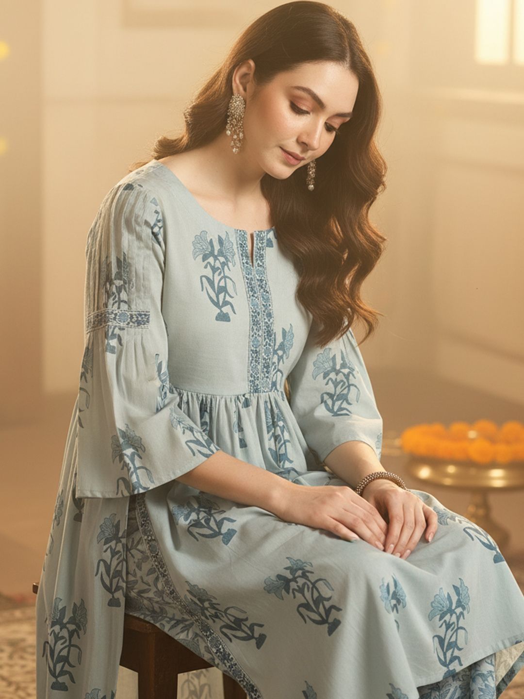 Floral Printed Empire Notch Neck Pure Cotton A-Line Kurta With Palazzos