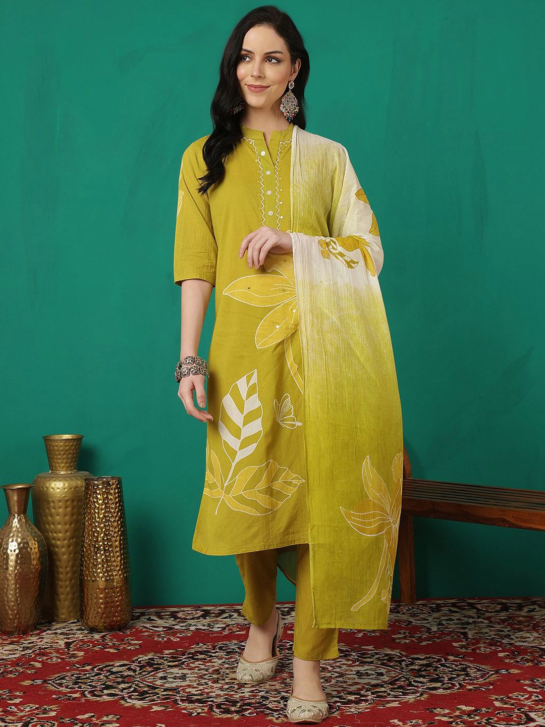 Dhiyona SN Women's Printed Pure Cotton Straight Kurta & Trouser With Dupatta