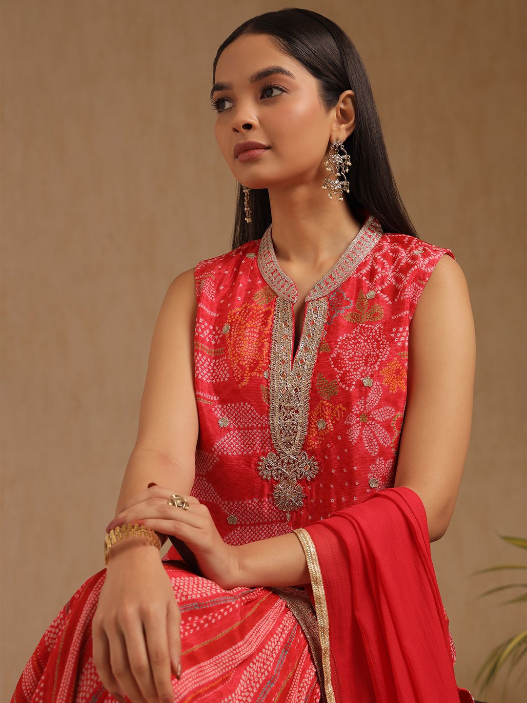 Dhiyona SO Women's Women Bandhani Printed Zardozi Sleeveless Straight Kurta with Sharara & Dupatta