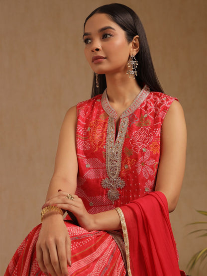 Dhiyona SO Women's Women Bandhani Printed Zardozi Sleeveless Straight Kurta with Sharara & Dupatta