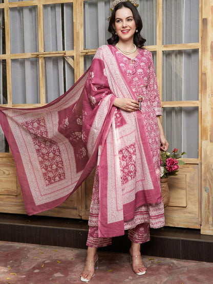 Dhiyona SN Women's Mauve Floral Printed Keyhole Neck Pure Cotton Kurta With Trouser & Dupatta