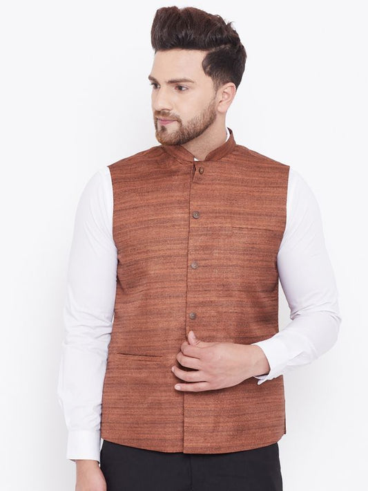 Men's Coffee Silk Blend Straight Nehru Jacket