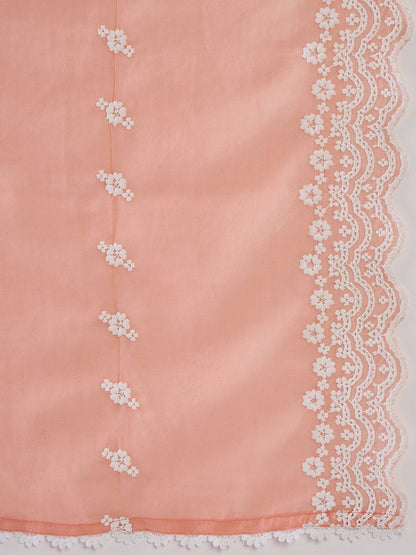 Floral Embroidered Pure Cotton Straight Kurta With Trousers & Dupatta