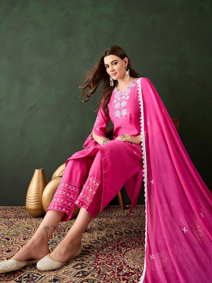 Dhiyona SN Women's Pink Floral Embroidered V-Neck A-Line Kurta & Trousers With Dupatta