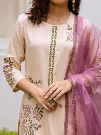Women Floral Embroidered Regular Thread Work Kurta with Palazzos & With Dupatta
