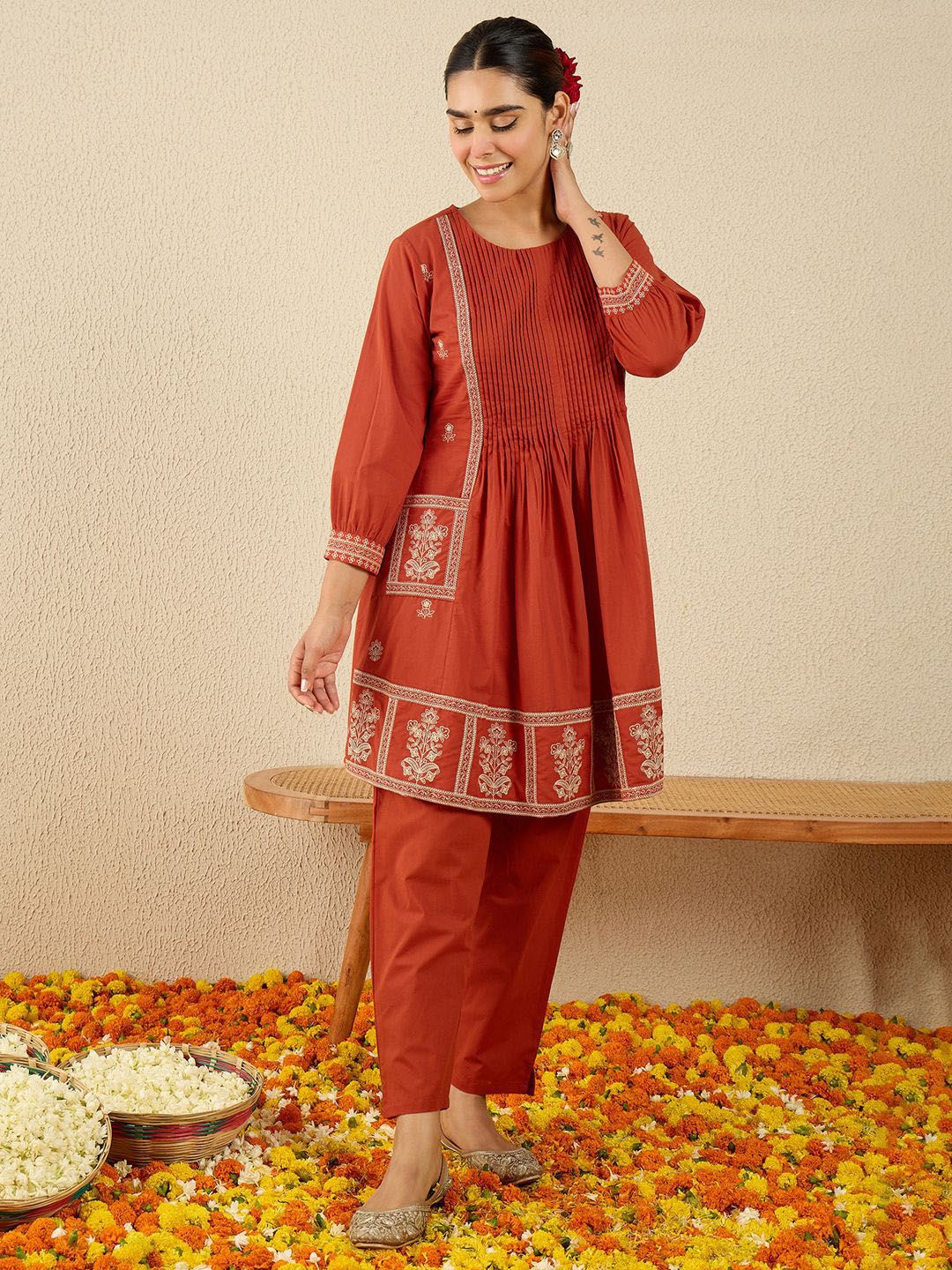 Dhiyona IE Embroidered Round Neck Tunic With Trousers Co-Ords