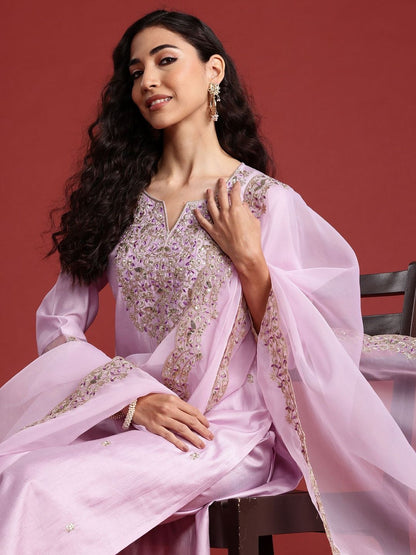 Women Ethnic Motifs Embroidered Regular Liva Kurta with Trousers & Dupatta