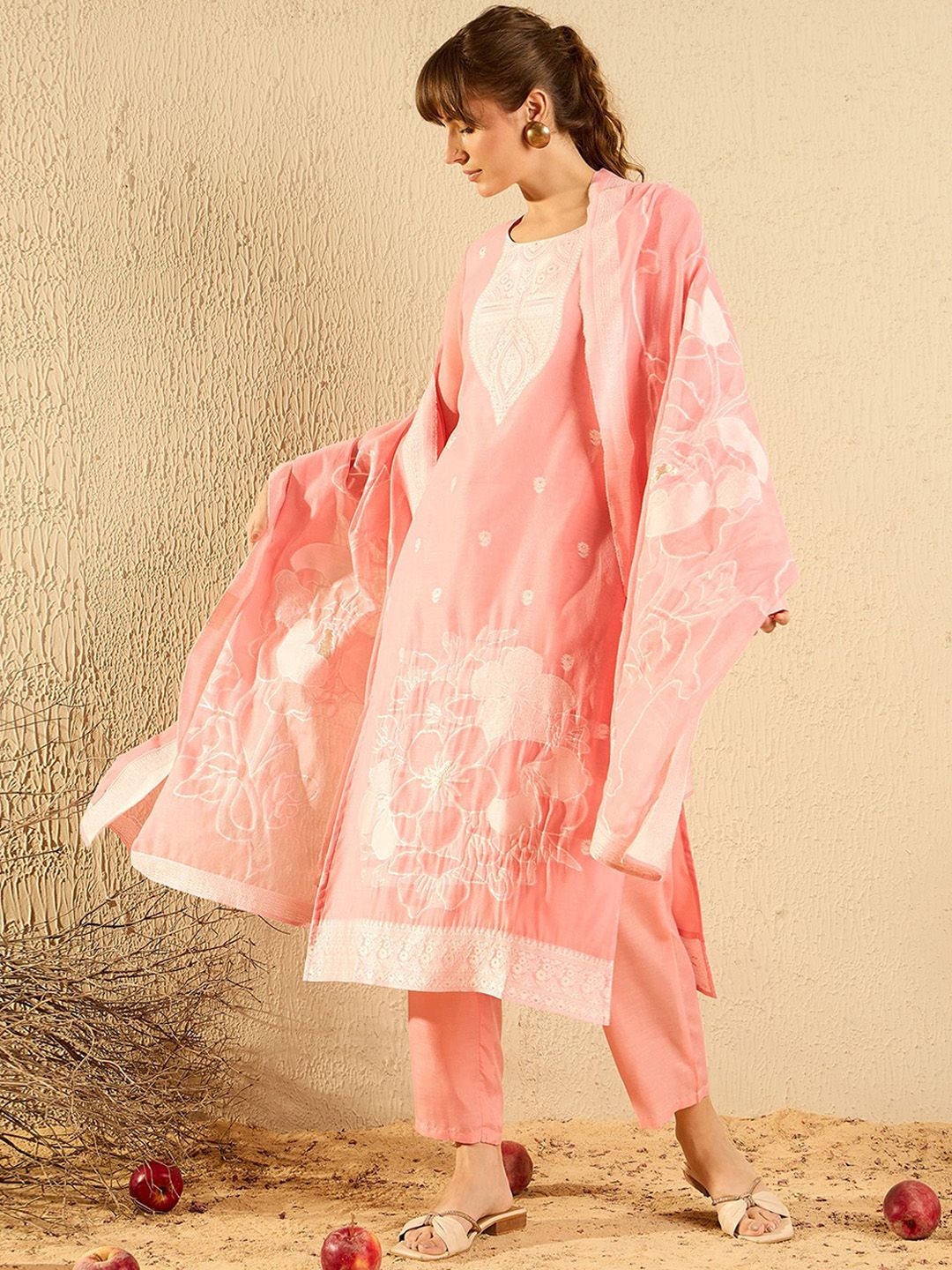 Floral Woven Design Straight Kurta With Trousers & Dupatta
