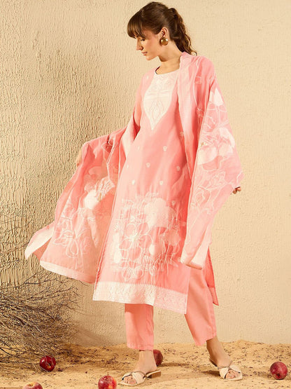 Floral Woven Design Straight Kurta With Trousers & Dupatta